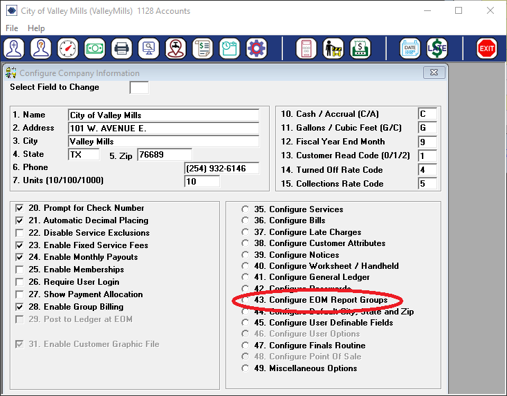 Screenshot of the Configure Company Information menu with item 43 highlighted
