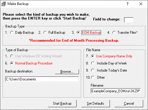Screenshot of the EOM Backup screen