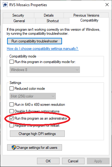 The properties menu for the desktop shortcut showing where to check run as admin